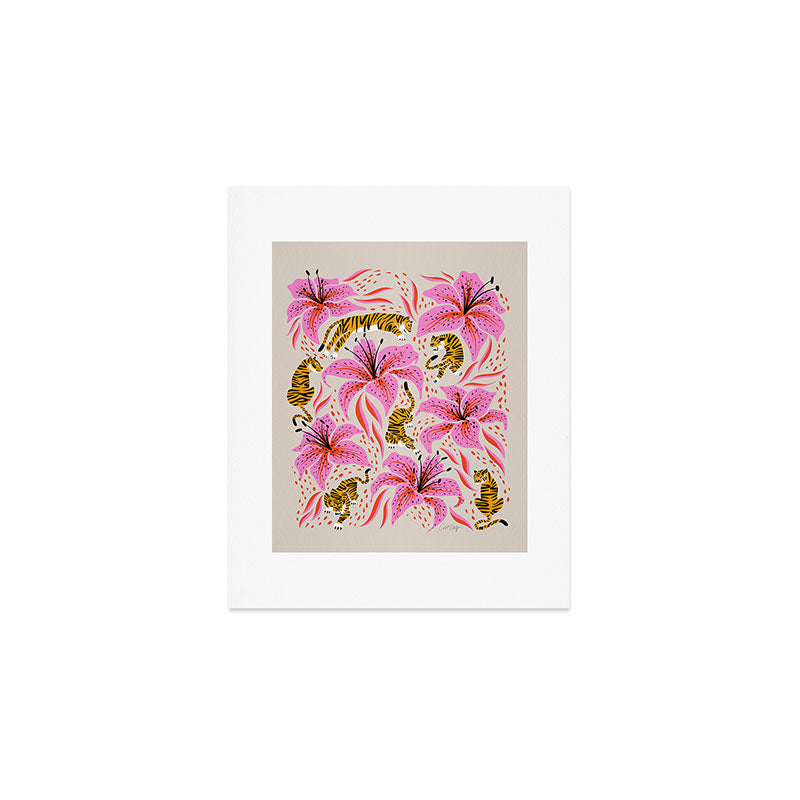 Tigers & Tiger Lilies - Pink & Yellow Art Print Gallery Image 1