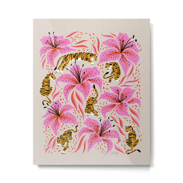 Tigers & Tiger Lilies - Pink & Yellow Metal Print Gallery Image 1