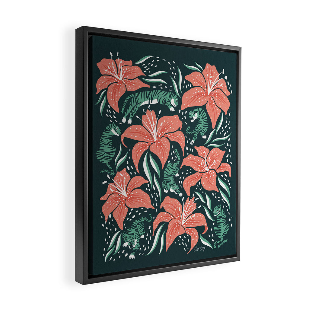 Tigers & Tiger Lilies - Teal & Rose Framed Canvas Print Gallery Image 2