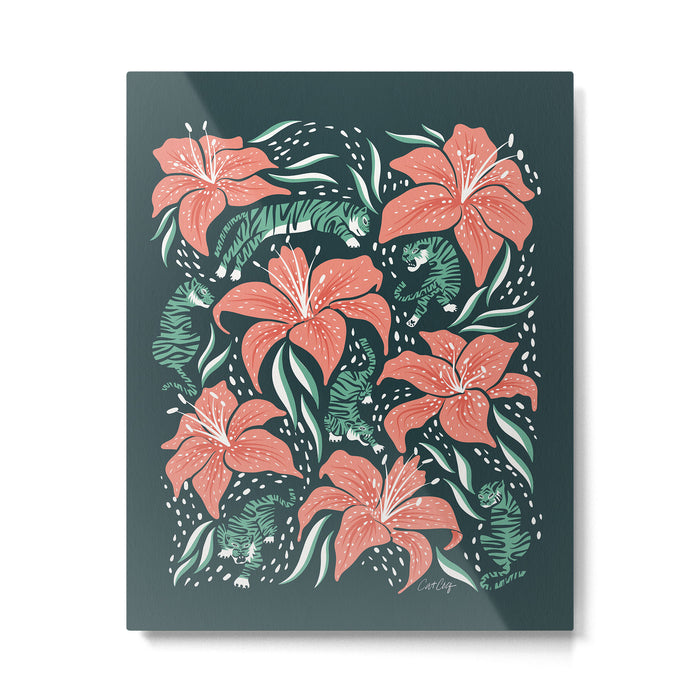 Tigers & Tiger Lilies - Teal & Rose Metal Print Gallery Image 1