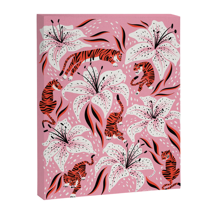 Tigers & Tiger Lilies - Vermilion & Pink Canvas Print Gallery Image 1