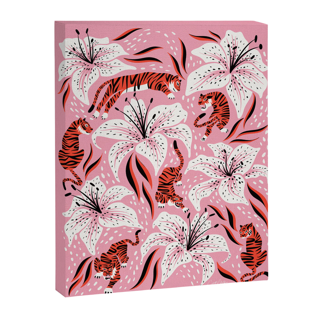 Tigers & Tiger Lilies - Vermilion & Pink Canvas Print Gallery Image 6