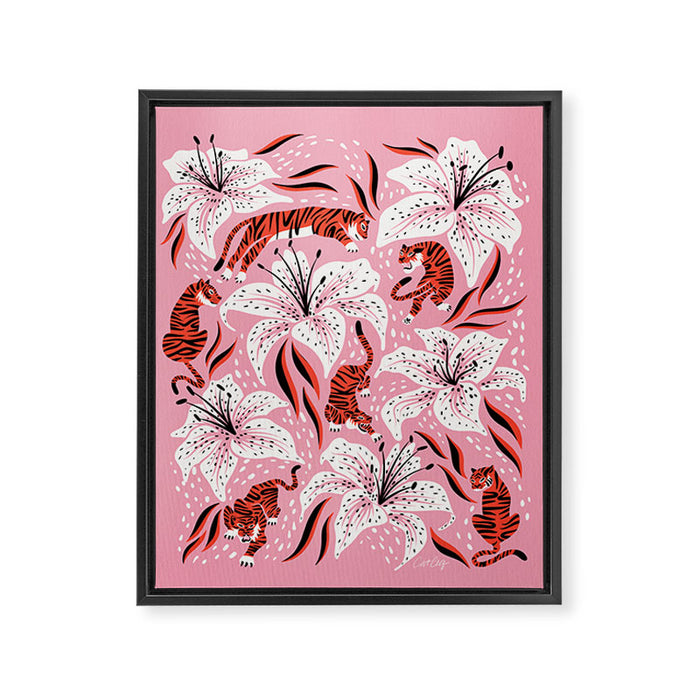 Tigers & Tiger Lilies - Vermilion & Pink Framed Canvas Print Gallery Image 1