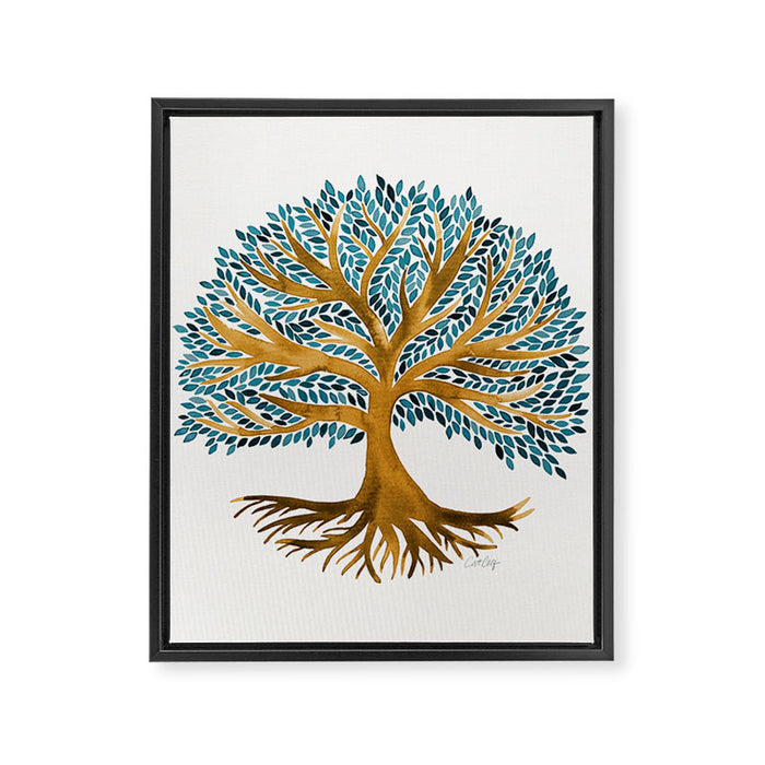 Tree of Life Watercolor - Ochre & Teal Framed Canvas Print Gallery Image 1