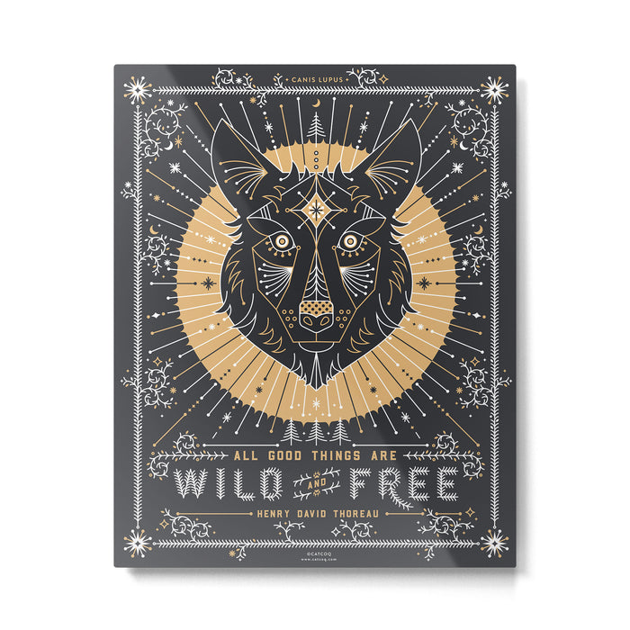 Wild & Free Wolf - Gold & Grey Metal Print Gallery Image 1