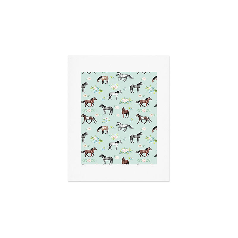 Floral Horse Pattern, Flowers and Horses, Romantic Blue, Horse Decor, Horse Art Art Print Gallery Image 1