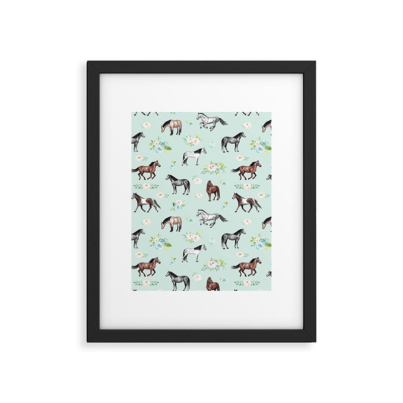 Floral Horse Pattern, Flowers and Horses, Romantic Blue, Horse Decor, Horse Art Framed Art Print Gallery Image 6