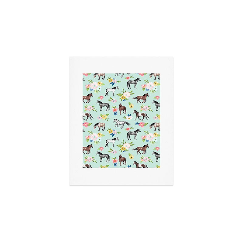 Horse and Flower Print, Mint Blue, Pink flowers, Equestrian, Spring Floral Art Print Gallery Image 1