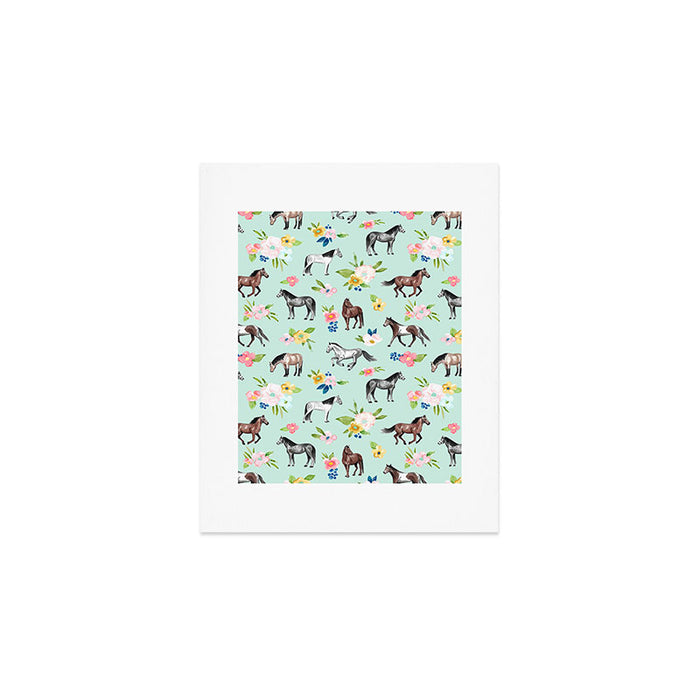 Horse and Flower Print, Mint Blue, Pink flowers, Equestrian, Spring Floral Art Print Gallery Image 1