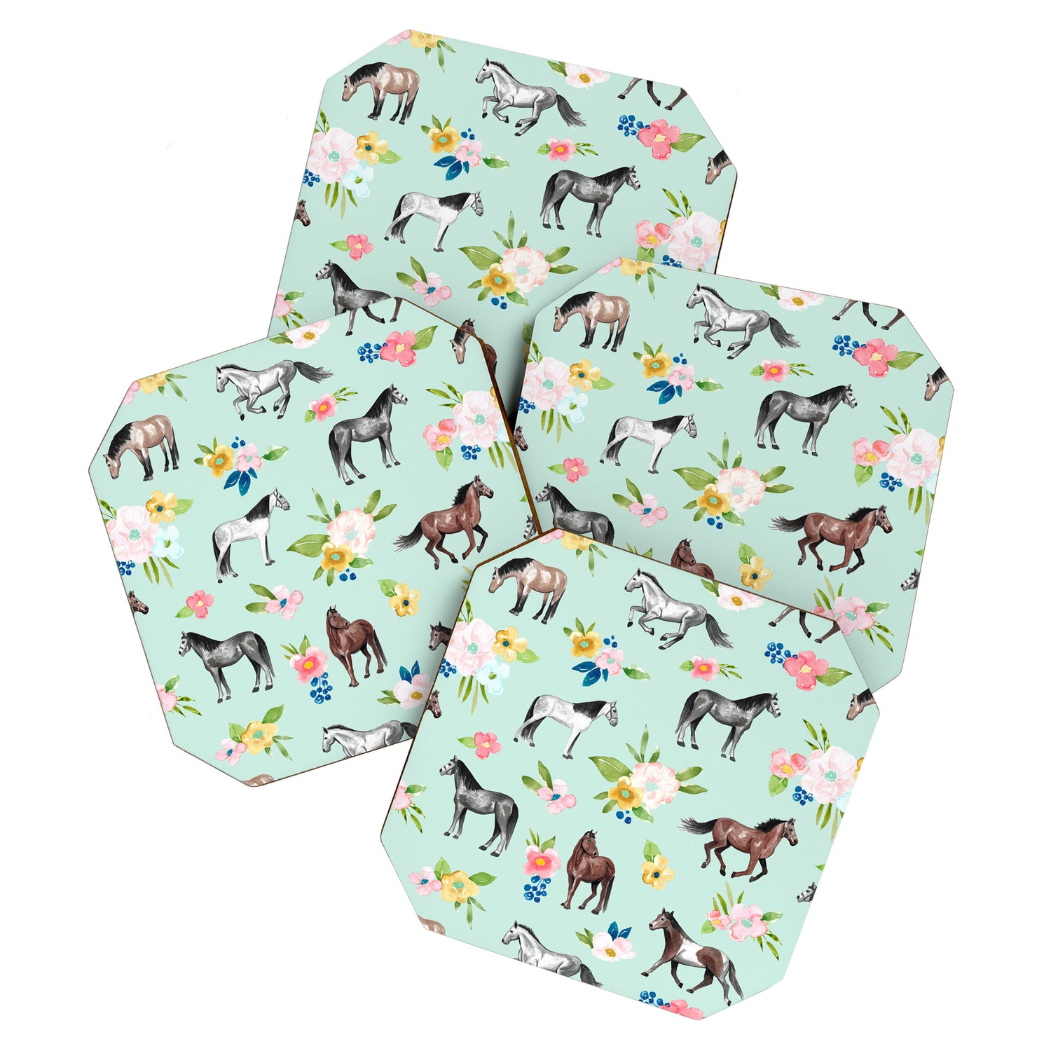 Horse and Flower Print, Mint Blue, Pink flowers, Equestrian, Spring Floral Coaster Gallery Image 1
