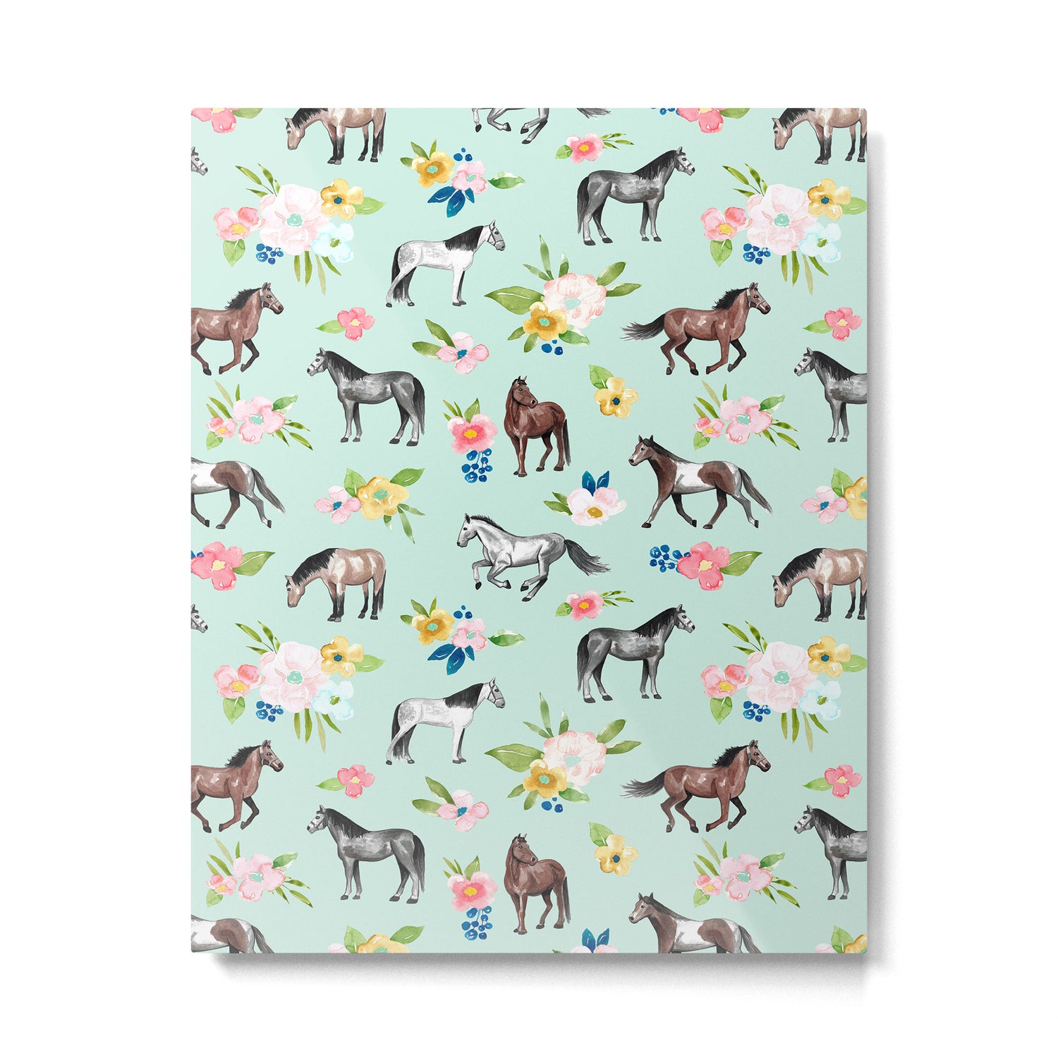 Horse and Flower Print, Mint Blue, Pink flowers, Equestrian, Spring Floral Metal Print Gallery Image 6