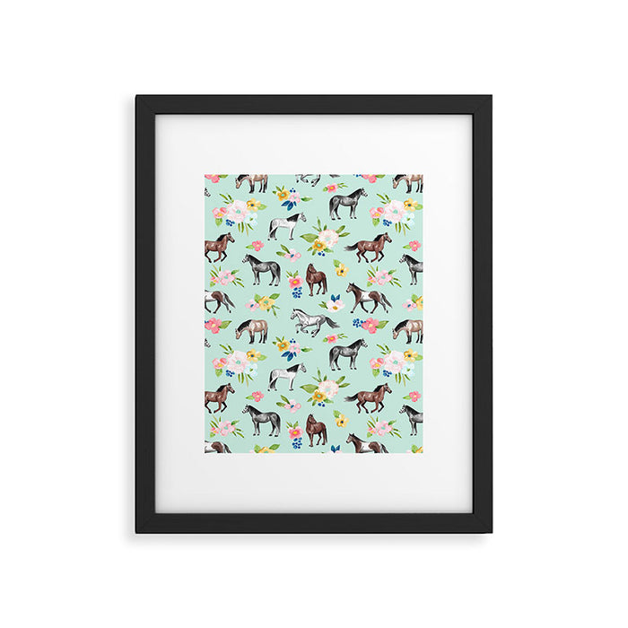 Horse and Flower Print, Mint Blue, Pink flowers, Equestrian, Spring Floral Framed Art Print Gallery Image 1
