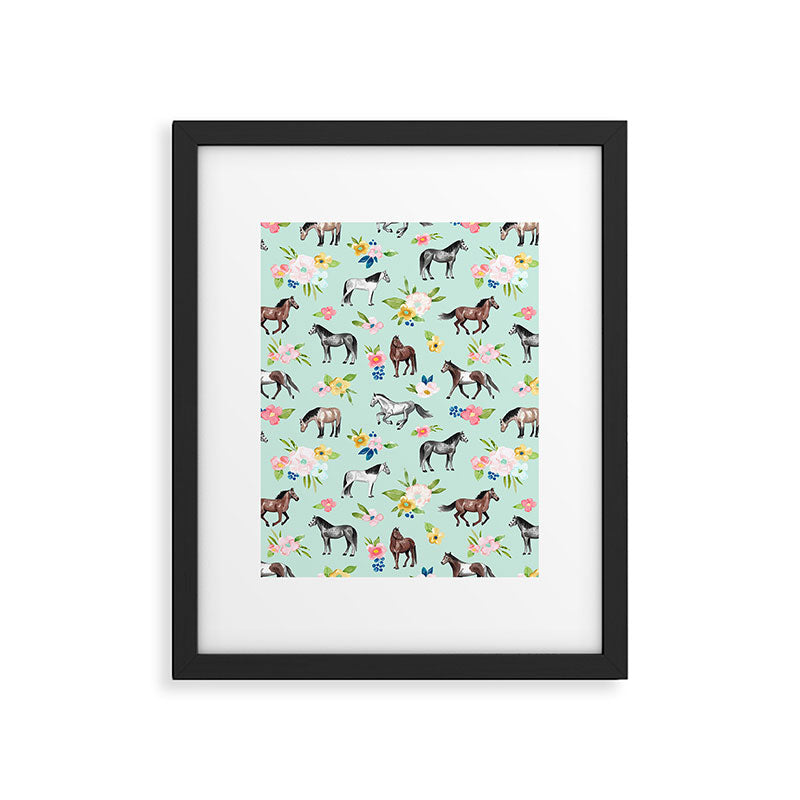 Horse and Flower Print, Mint Blue, Pink flowers, Equestrian, Spring Floral Framed Art Print Gallery Image 6