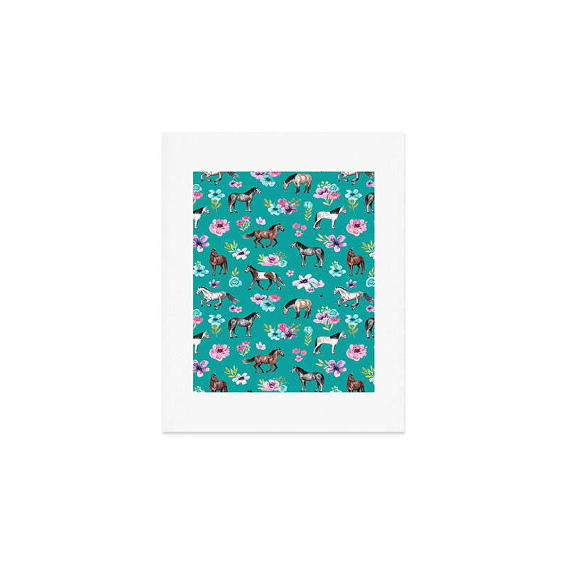 Horses and Flowers, Turquoise, Horse Decor, Horse Art, Western Decor Art Print Gallery Image 1