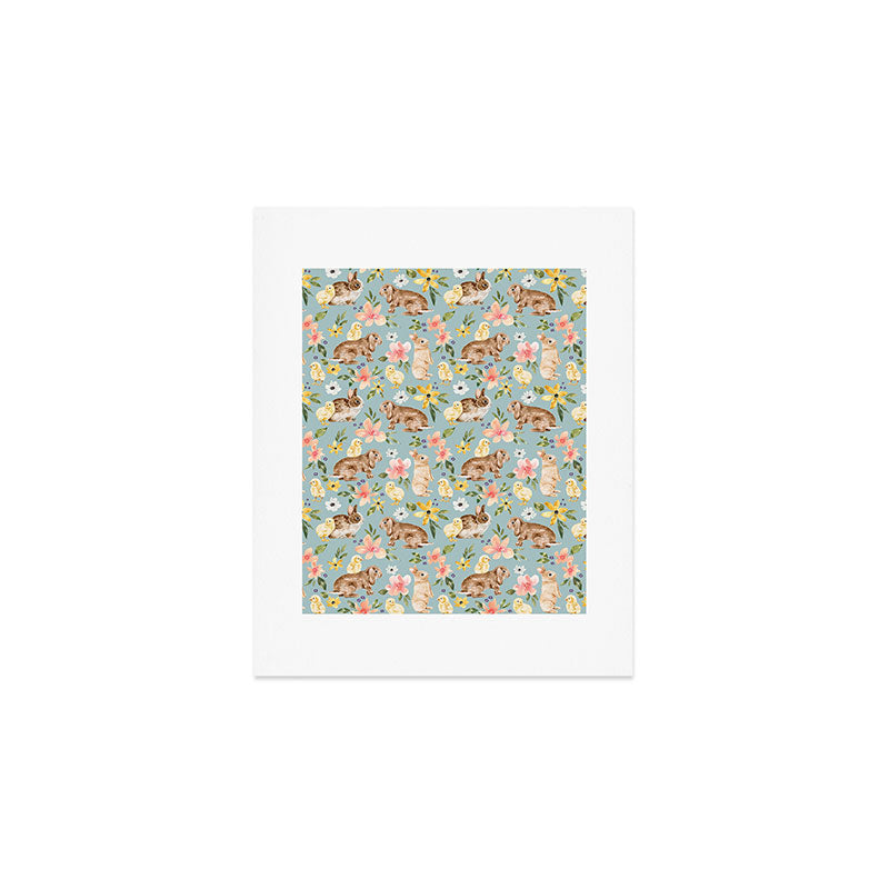 Blue Easter Bunny and Chick Floral Art Print Gallery Image 1
