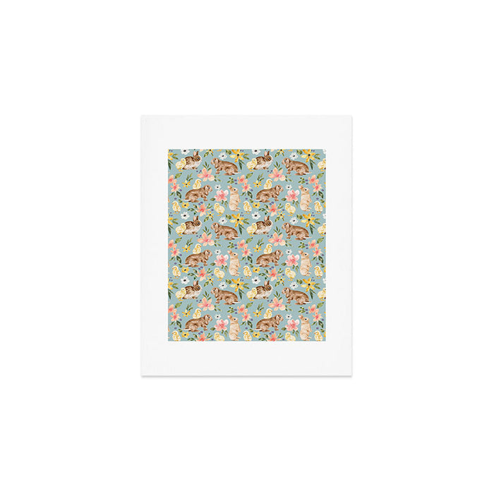Blue Easter Bunny and Chick Floral Art Print Gallery Image 1