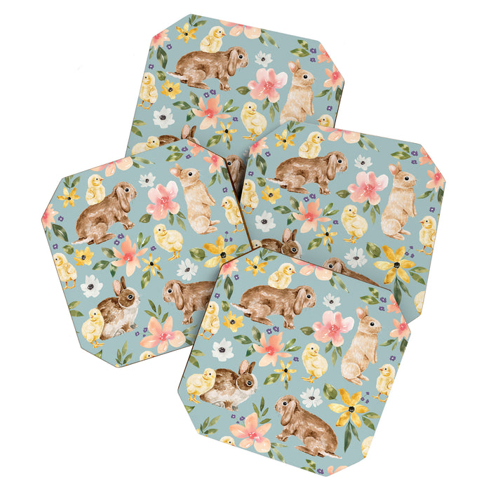 Blue Easter Bunny and Chick Floral Coaster Gallery Image 1