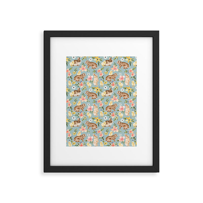 Blue Easter Bunny and Chick Floral Framed Art Print Gallery Image 6