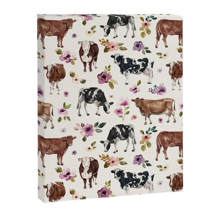 Boho Floral Cow Print with Purple flowers on Cream Canvas Print Gallery Image 1