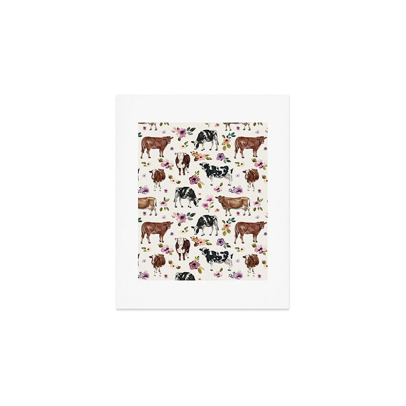 Boho Floral Cow Print with Purple flowers on Cream Art Print Gallery Image 1