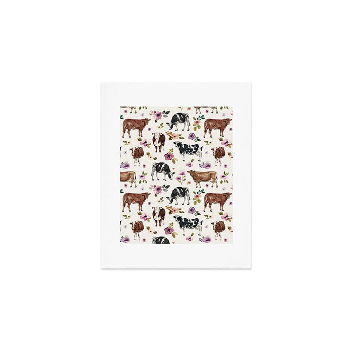 Boho Floral Cow Print with Purple flowers on Cream Art Print Gallery Image 1