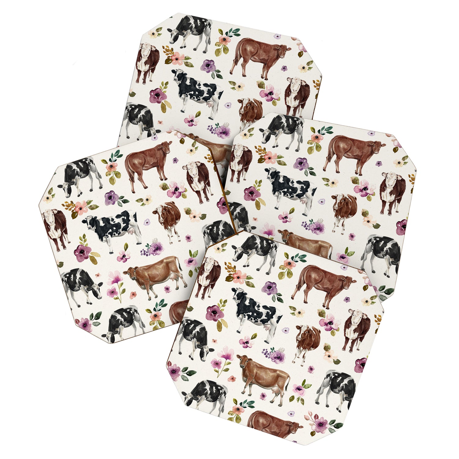 Boho Floral Cow Print with Purple flowers on Cream Coaster Gallery Image 1