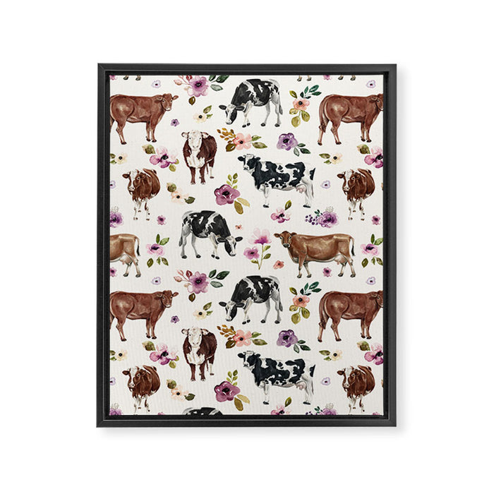 Boho Floral Cow Print with Purple flowers on Cream Framed Canvas Print Gallery Image 1