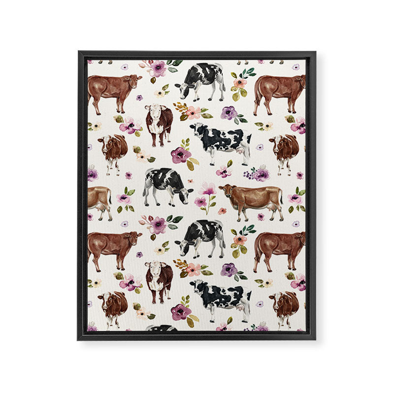 Boho Floral Cow Print with Purple flowers on Cream Framed Canvas Print Gallery Image 8