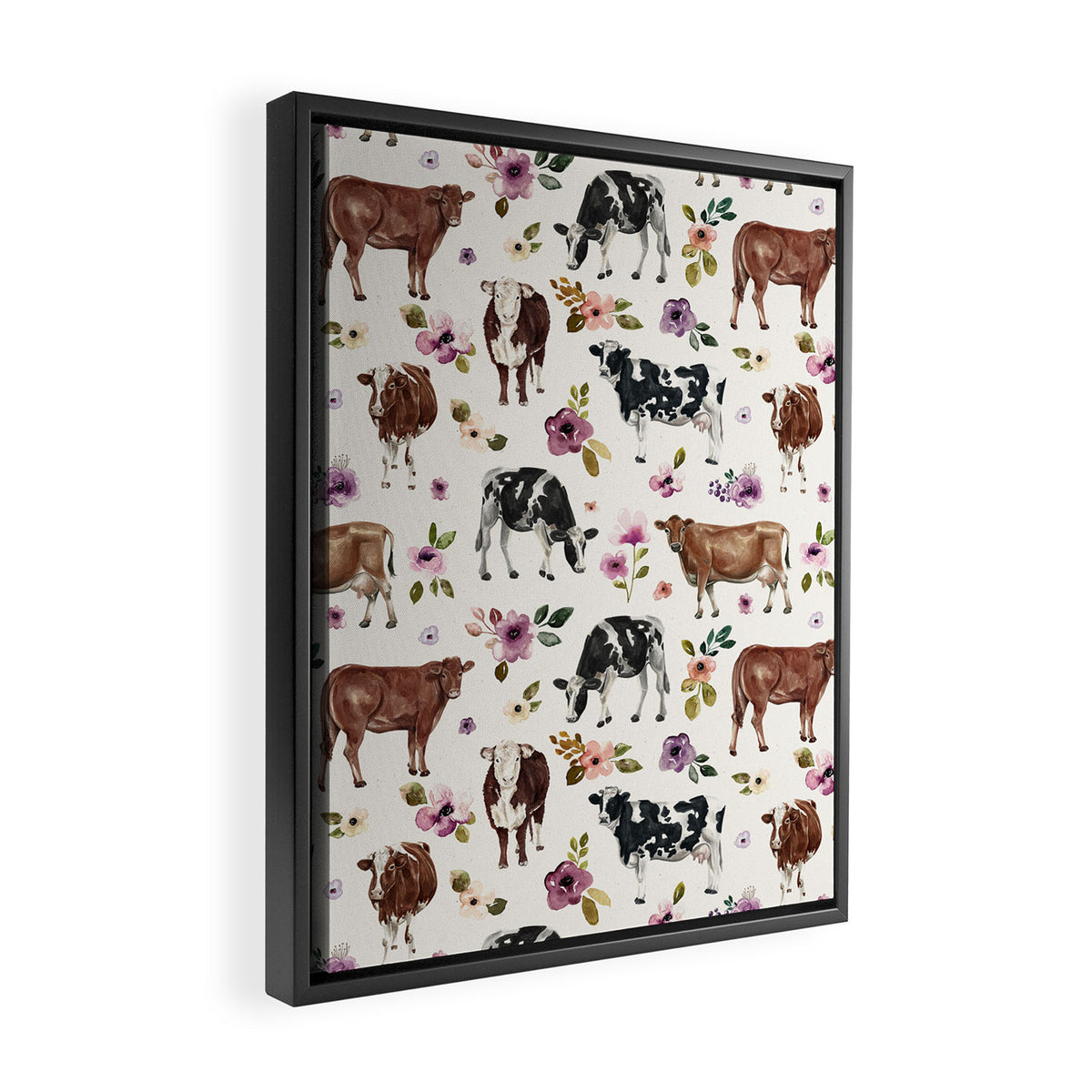 Boho Floral Cow Print with Purple flowers on Cream Framed Canvas Print Gallery Image 2