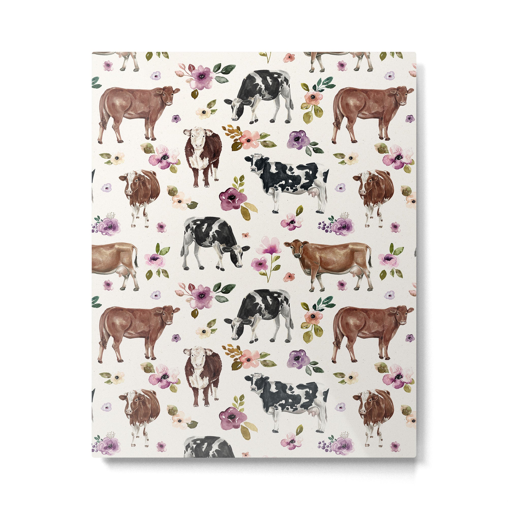 Boho Floral Cow Print with Purple flowers on Cream Metal Print Gallery Image 6