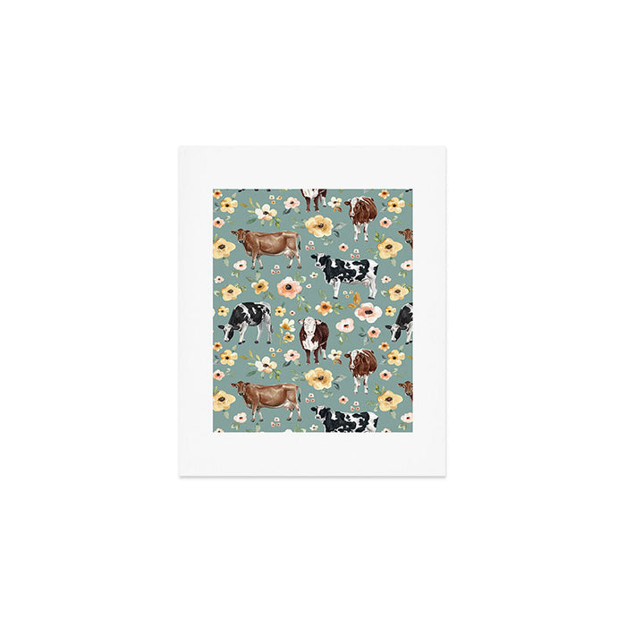 Cows and Flowers on Country Blue, Yellow Flowers, Cow Floral, Pink Flowers Art Print Gallery Image 1