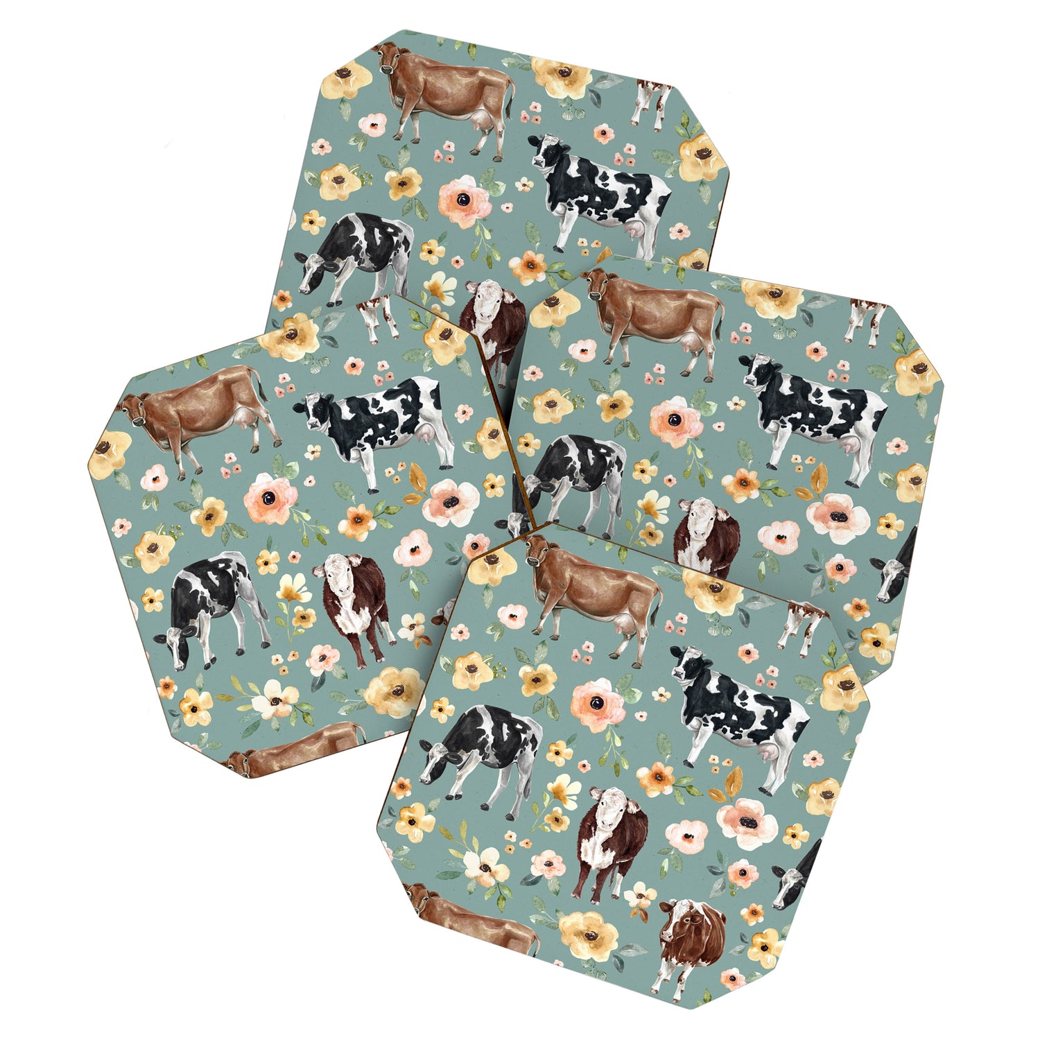 Cows and Flowers on Country Blue, Yellow Flowers, Cow Floral, Pink Flowers Coaster Gallery Image 1
