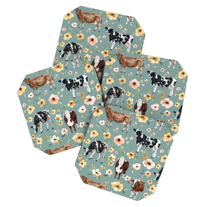 Cows and Flowers on Country Blue, Yellow Flowers, Cow Floral, Pink Flowers Coaster Gallery Image 1