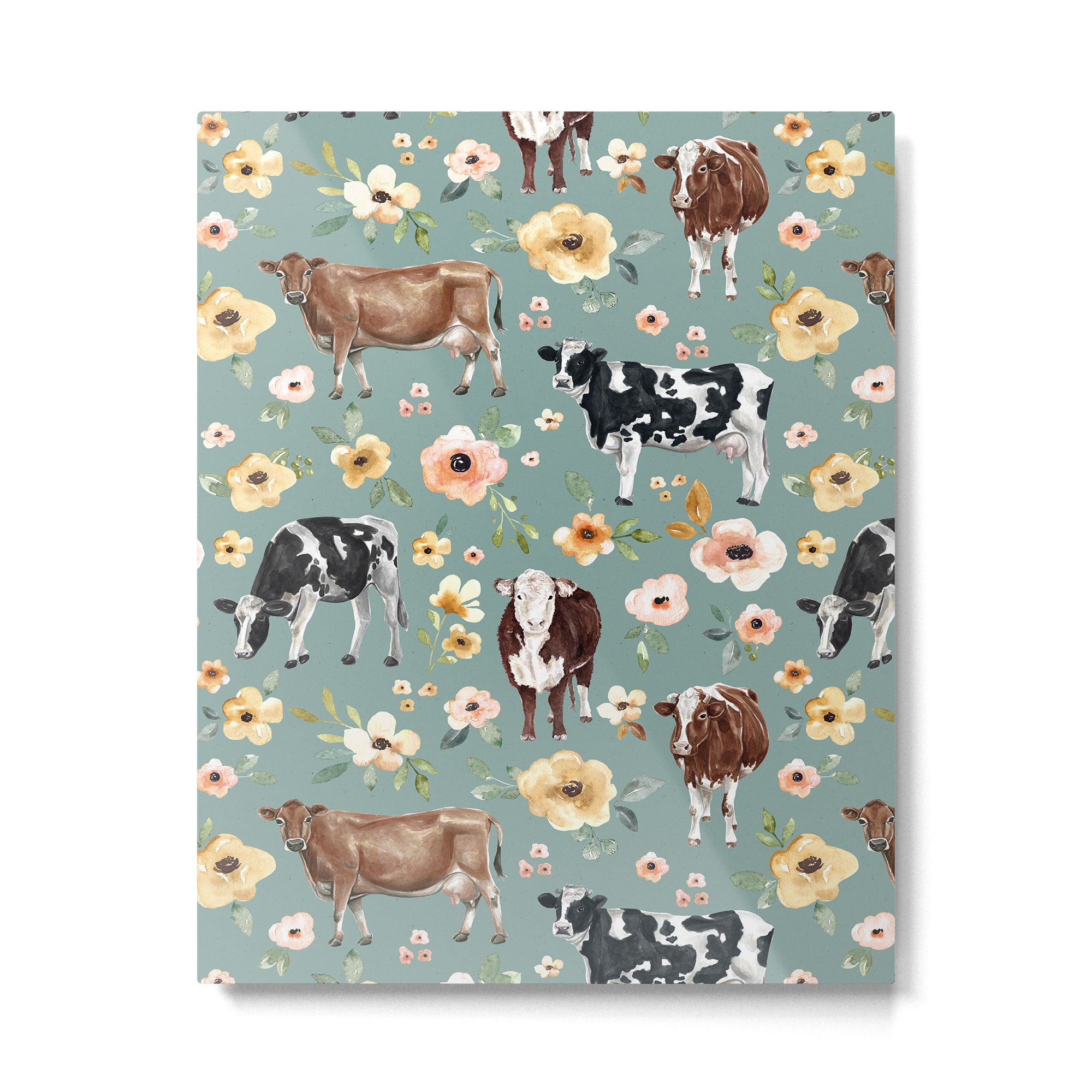 Cows and Flowers on Country Blue, Yellow Flowers, Cow Floral, Pink Flowers Metal Print Gallery Image 6