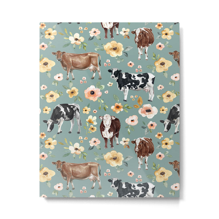 Cows and Flowers on Country Blue, Yellow Flowers, Cow Floral, Pink Flowers Metal Print Gallery Image 1