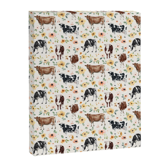 Cows with Pink and Yellow Flowers on Cream, Cow Illustration, Floral Canvas Print Gallery Image 1
