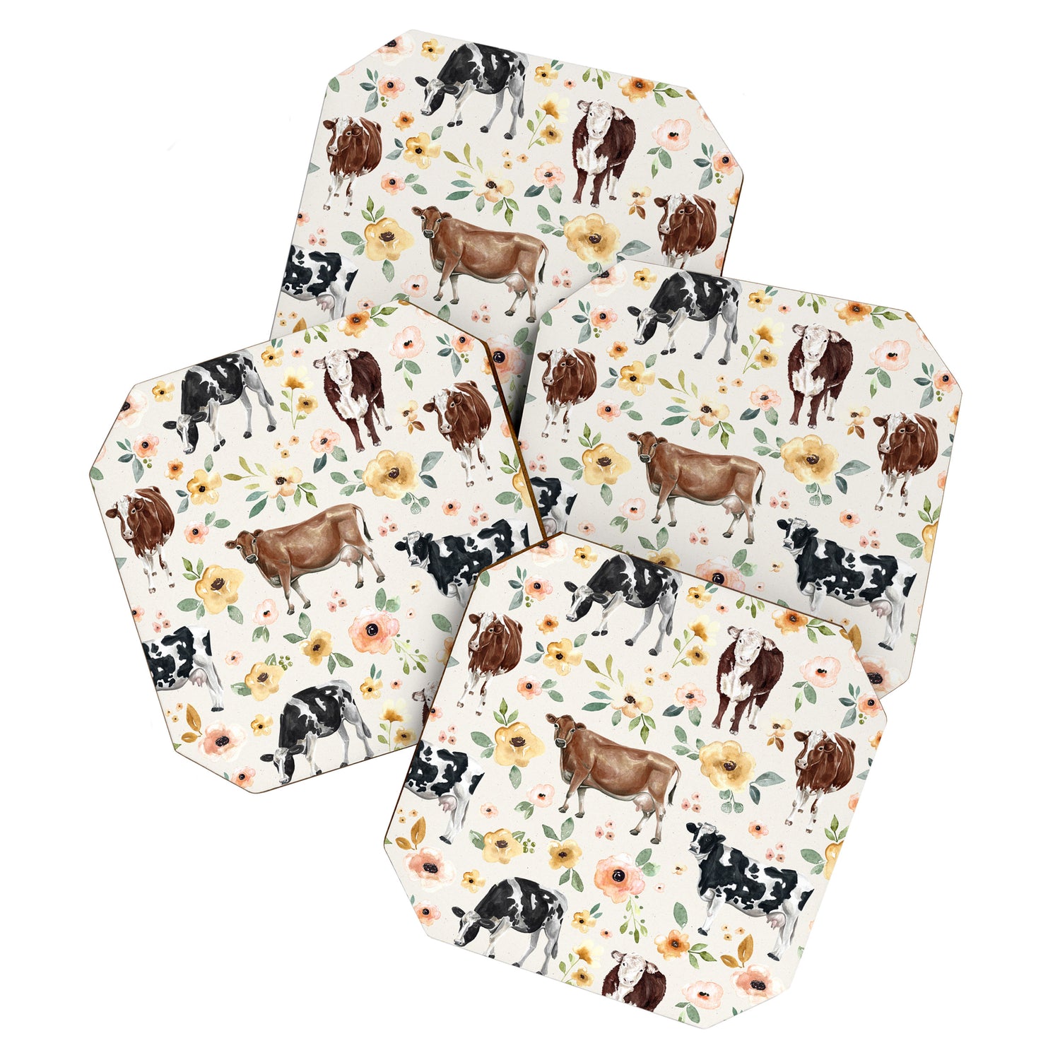Cows with Pink and Yellow Flowers on Cream, Cow Illustration, Floral Coaster Gallery Image 1