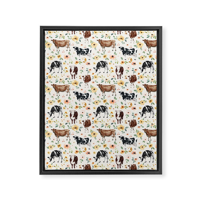 Cows with Pink and Yellow Flowers on Cream, Cow Illustration, Floral Framed Canvas Print Gallery Image 6