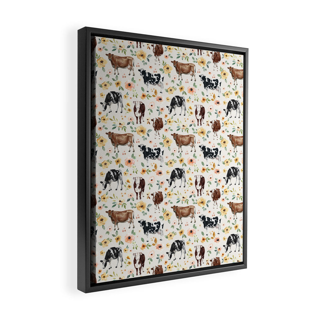 Cows with Pink and Yellow Flowers on Cream, Cow Illustration, Floral Framed Canvas Print Gallery Image 2