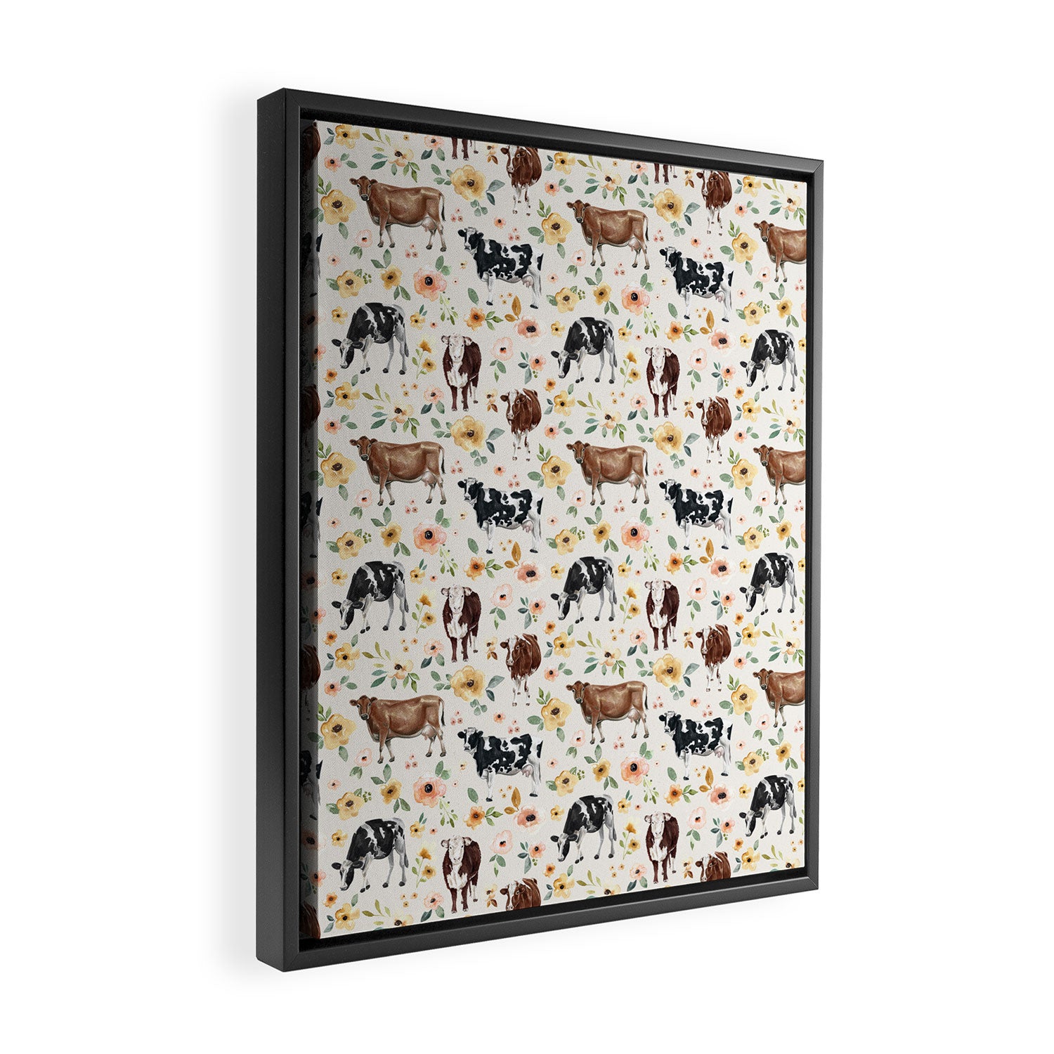 Cows with Pink and Yellow Flowers on Cream, Cow Illustration, Floral Framed Canvas Print Gallery Image 2