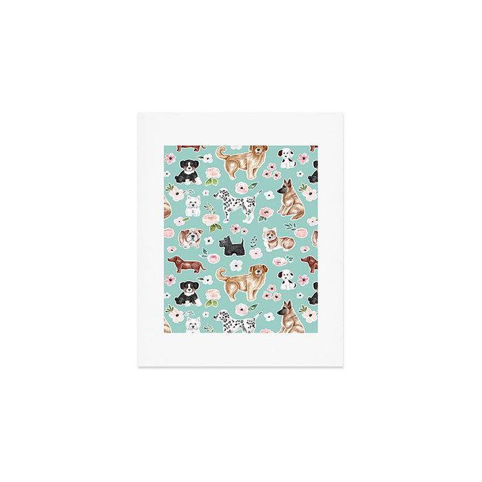 Cute Dogs on Aqua Blue, Dogs and Flowers, Pet Painting, Cute Animals, Golden Retriever, Dachshund, Corgi, Bulldog, Dalmation Art Print Gallery Image 1