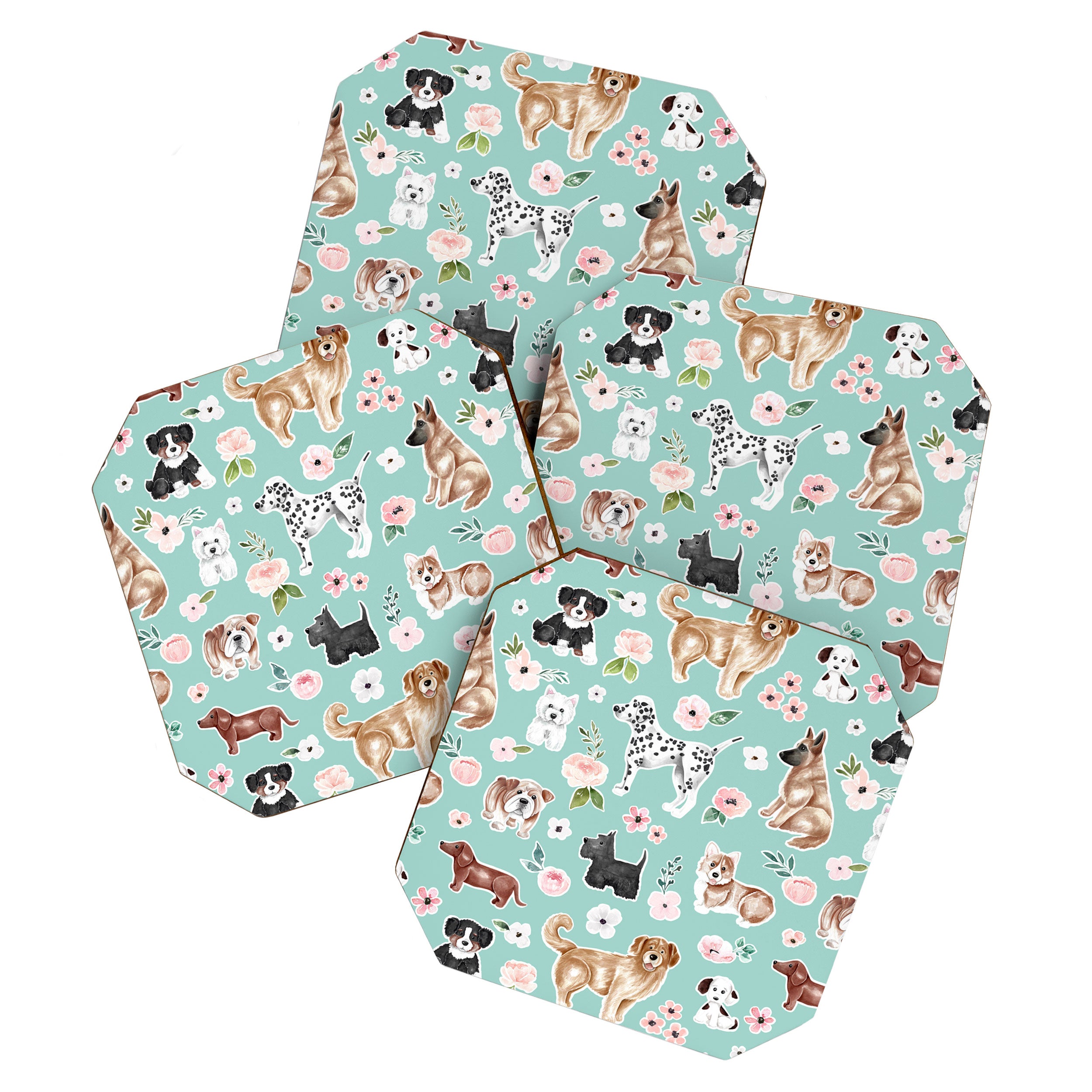 Cute Dogs on Aqua Blue, Dogs and Flowers, Pet Painting, Cute Animals, Golden Retriever, Dachshund, Corgi, Bulldog, Dalmation Coaster Gallery Image 1