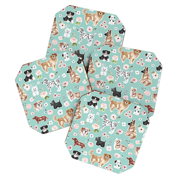 Cute Dogs on Aqua Blue, Dogs and Flowers, Pet Painting, Cute Animals, Golden Retriever, Dachshund, Corgi, Bulldog, Dalmation Coaster Gallery Image 1
