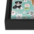 Cute Dogs on Aqua Blue, Dogs and Flowers, Pet Painting, Cute Animals, Golden Retriever, Dachshund, Corgi, Bulldog, Dalmation Framed Canvas Print Gallery Image 3