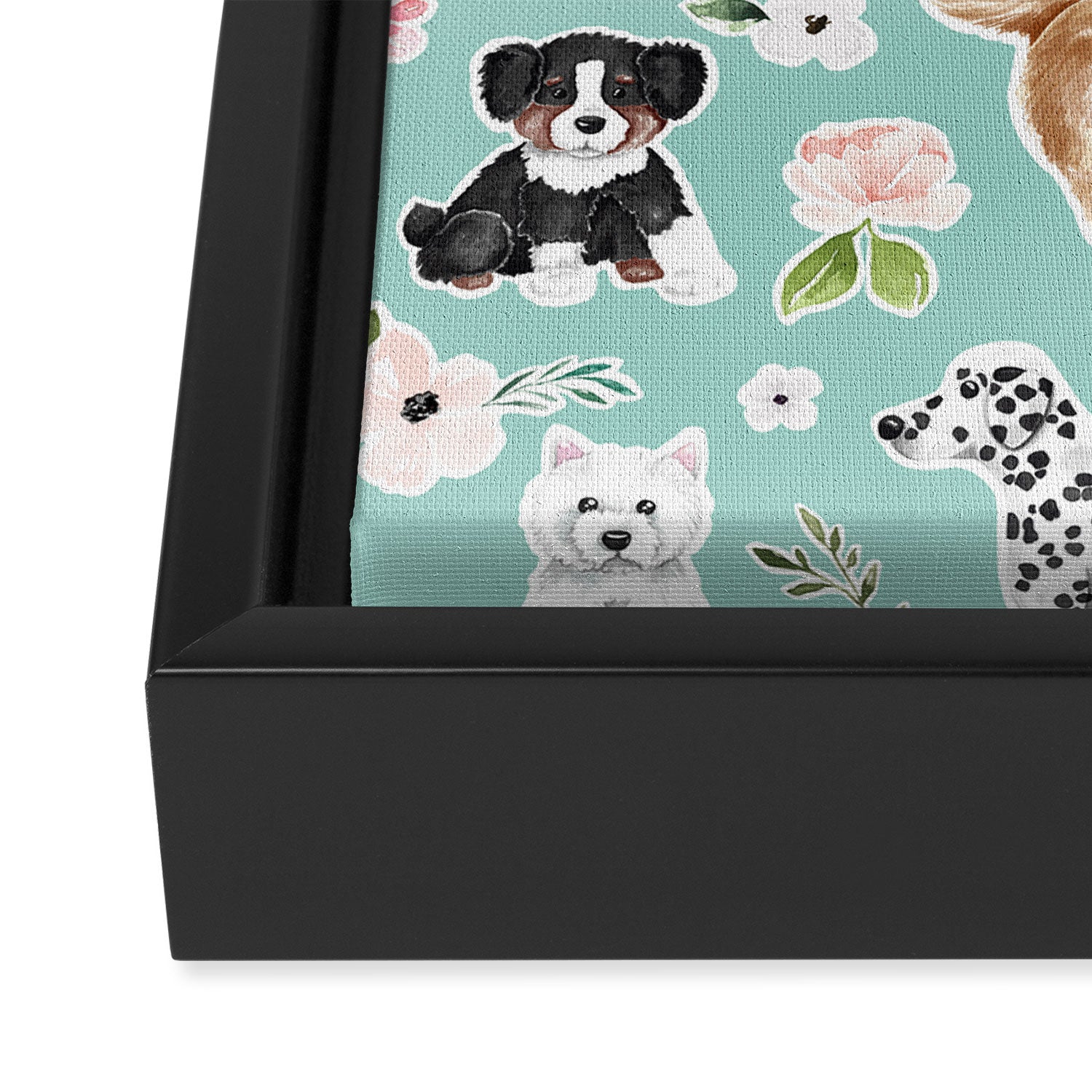 Cute Dogs on Aqua Blue, Dogs and Flowers, Pet Painting, Cute Animals, Golden Retriever, Dachshund, Corgi, Bulldog, Dalmation Framed Canvas Print Gallery Image 3