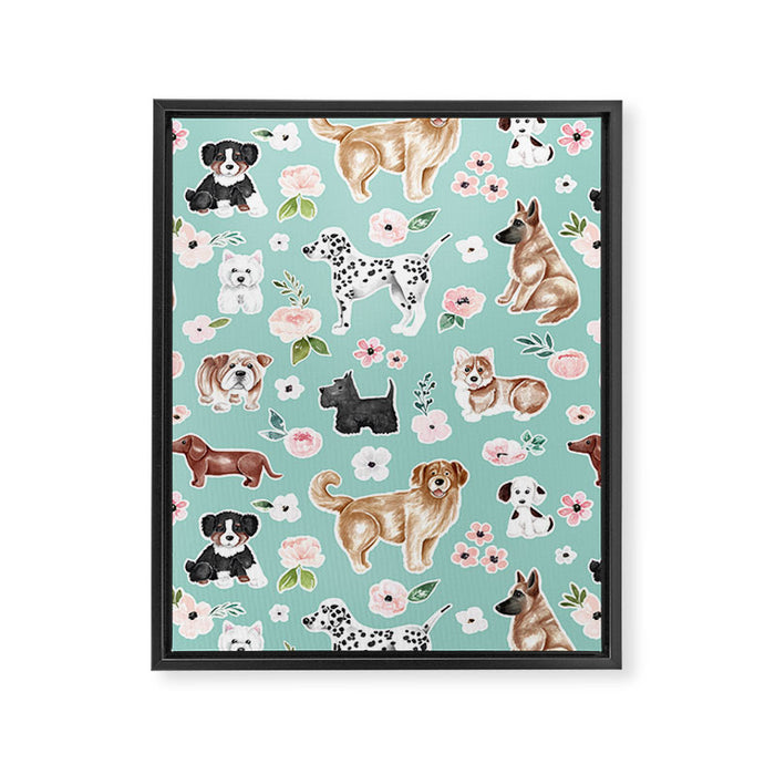 Cute Dogs on Aqua Blue, Dogs and Flowers, Pet Painting, Cute Animals, Golden Retriever, Dachshund, Corgi, Bulldog, Dalmation Framed Canvas Print Gallery Image 1