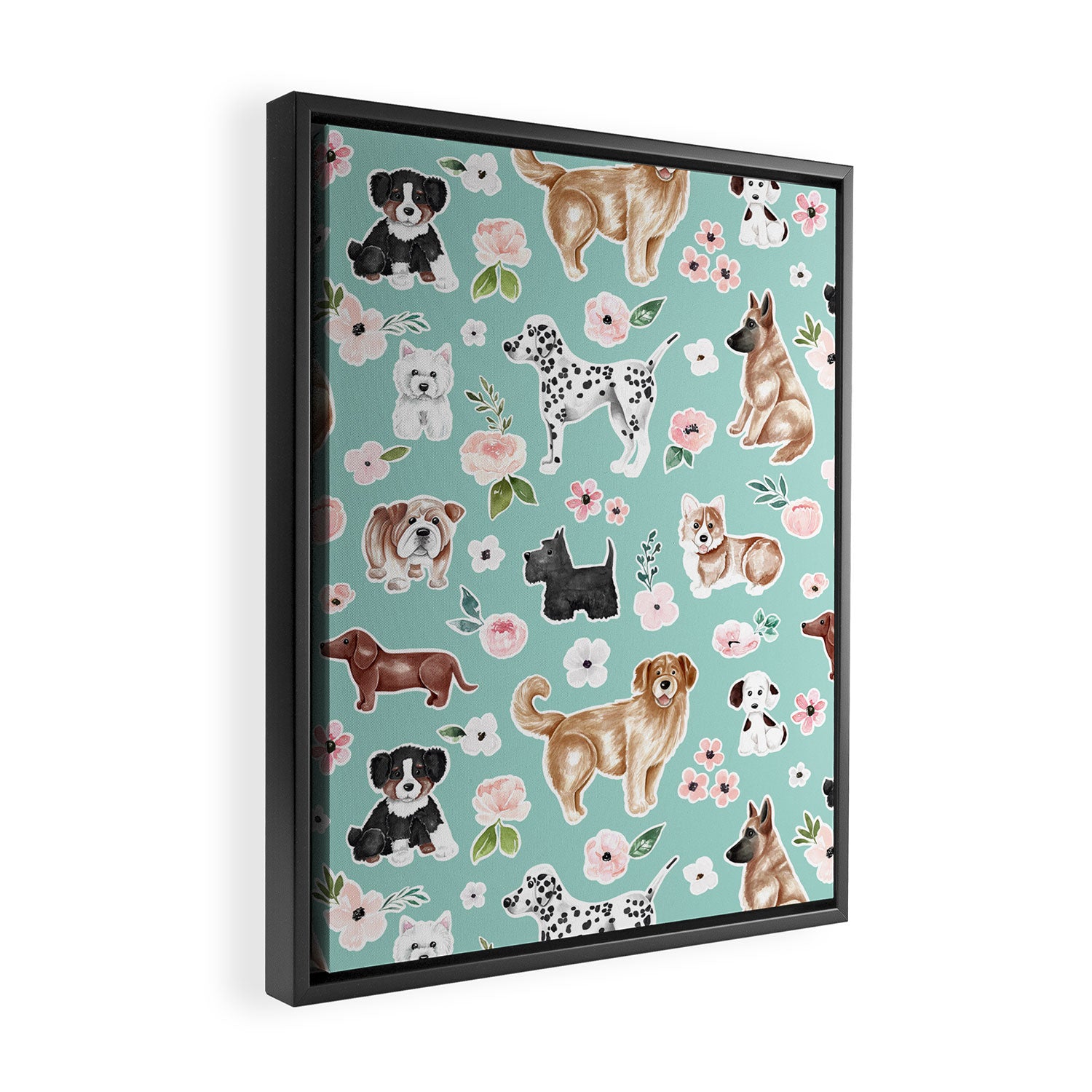 Cute Dogs on Aqua Blue, Dogs and Flowers, Pet Painting, Cute Animals, Golden Retriever, Dachshund, Corgi, Bulldog, Dalmation Framed Canvas Print Gallery Image 2