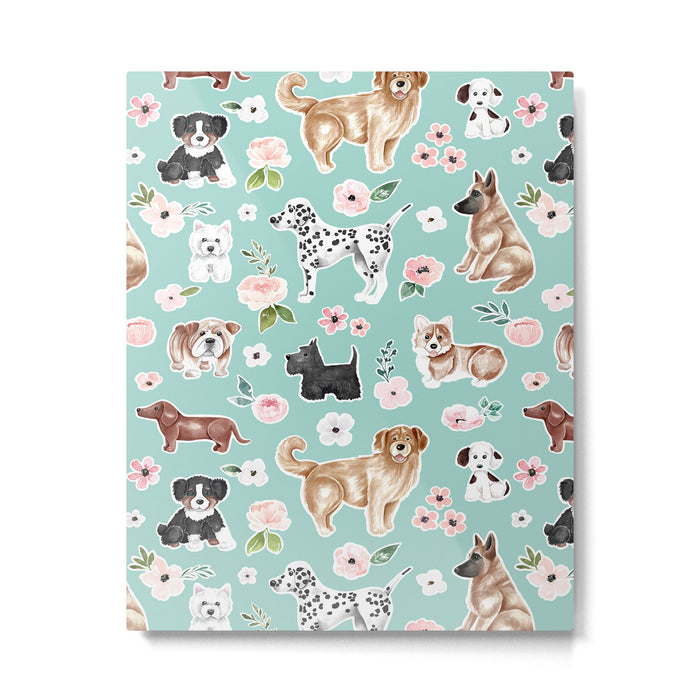 Cute Dogs on Aqua Blue, Dogs and Flowers, Pet Painting, Cute Animals, Golden Retriever, Dachshund, Corgi, Bulldog, Dalmation Metal Print Gallery Image 1