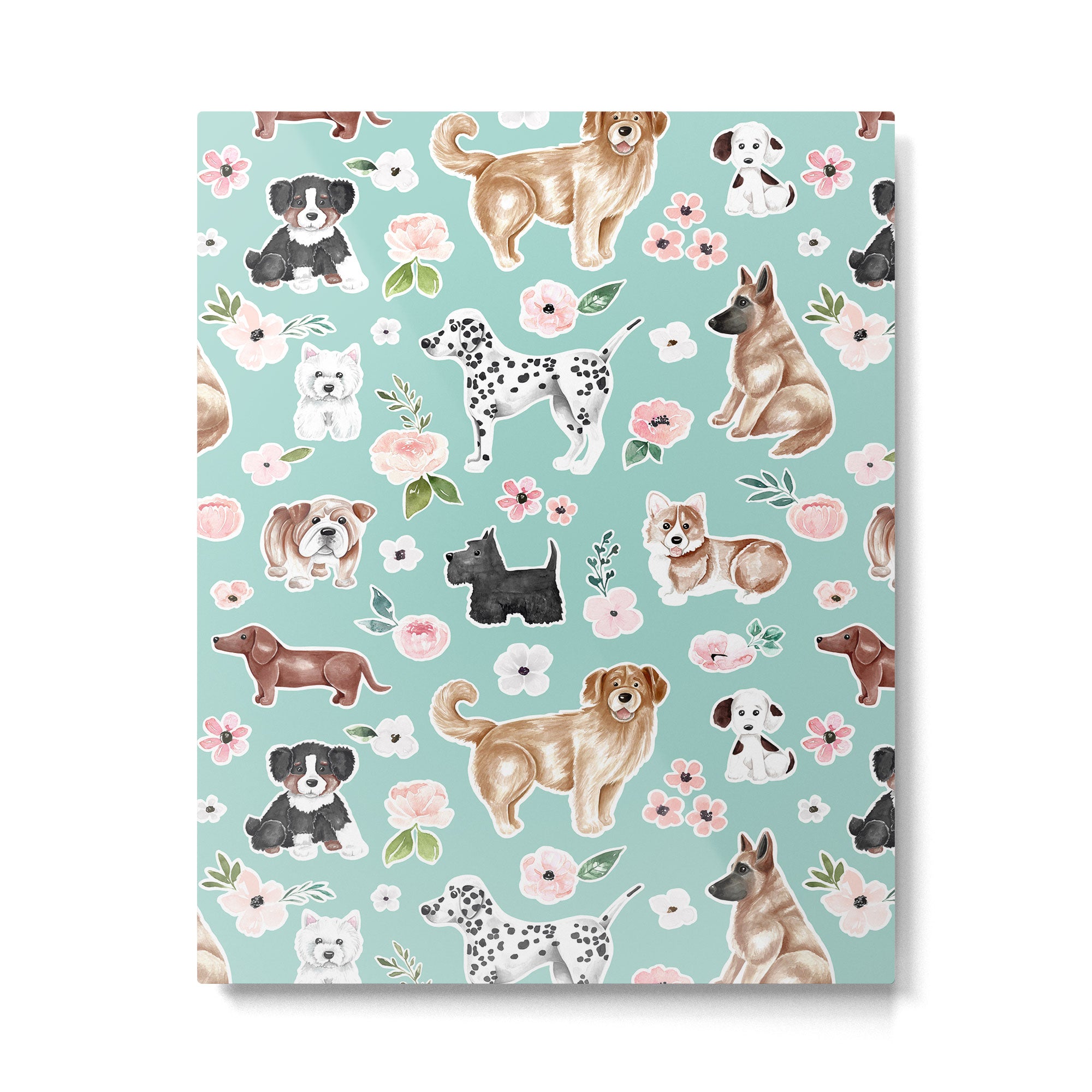Cute Dogs on Aqua Blue, Dogs and Flowers, Pet Painting, Cute Animals, Golden Retriever, Dachshund, Corgi, Bulldog, Dalmation Metal Print Gallery Image 6