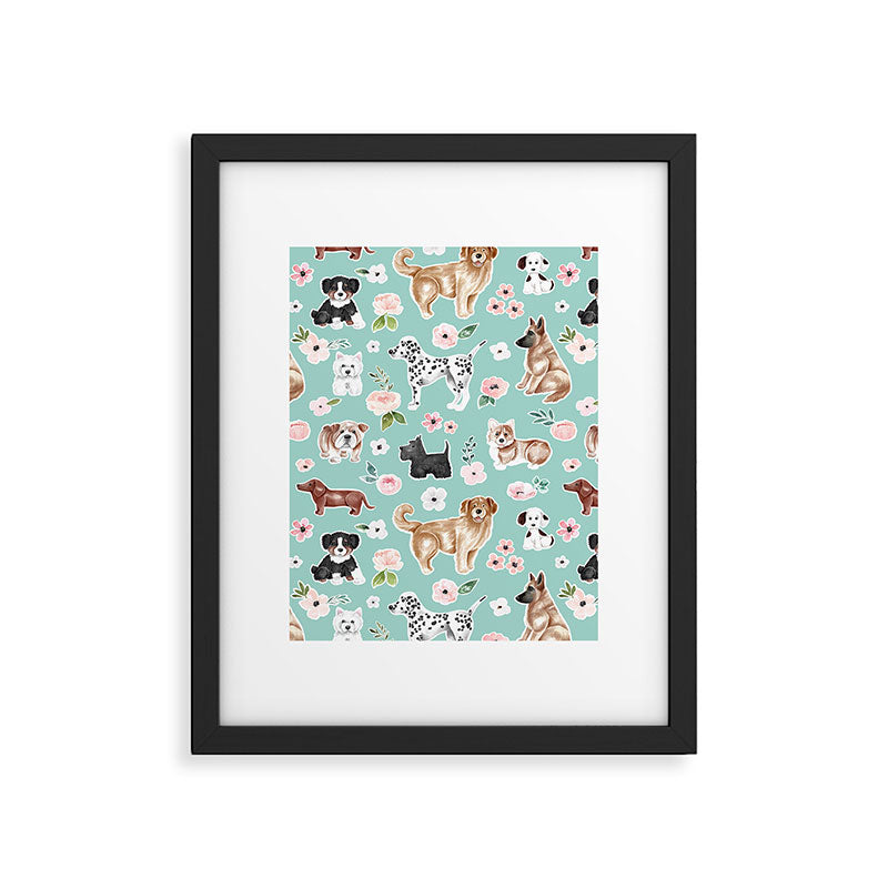 Cute Dogs on Aqua Blue, Dogs and Flowers, Pet Painting, Cute Animals, Golden Retriever, Dachshund, Corgi, Bulldog, Dalmation Framed Art Print Gallery Image 6